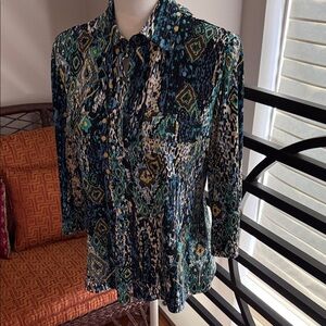 Peck & Peck Teal, Black and Cream Printed Button-Down Shirt